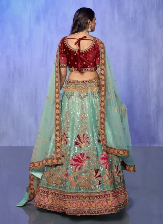 Sea Green Velvet Lehenga Choli with Embroidered and Resham Work for Reception