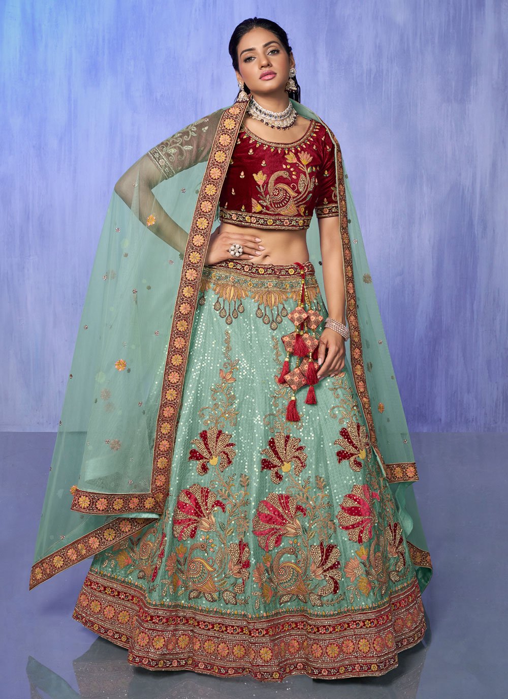 Buy Blue Lehenga And Blouse: Raw ; Dupatta: Embroidered Bridal Set For  Women by Anushree Reddy Online at Az… | Navy blue lehenga, Royal blue  lehenga, Purple lehenga