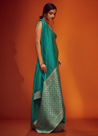 Sea Green Viscose Digital Print and Woven Work Contemporary Sari for Ceremonial