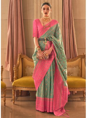 Sea Green Weaving Handloom silk Trendy Saree