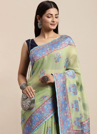 Sea Green Woven Cotton Contemporary Style Saree