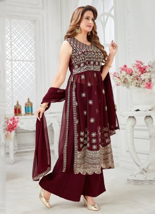 Sequins Faux Georgette Designer Salwar Kameez in Burgundy