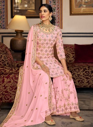 Sequins Faux Georgette Pink Salwar Suit