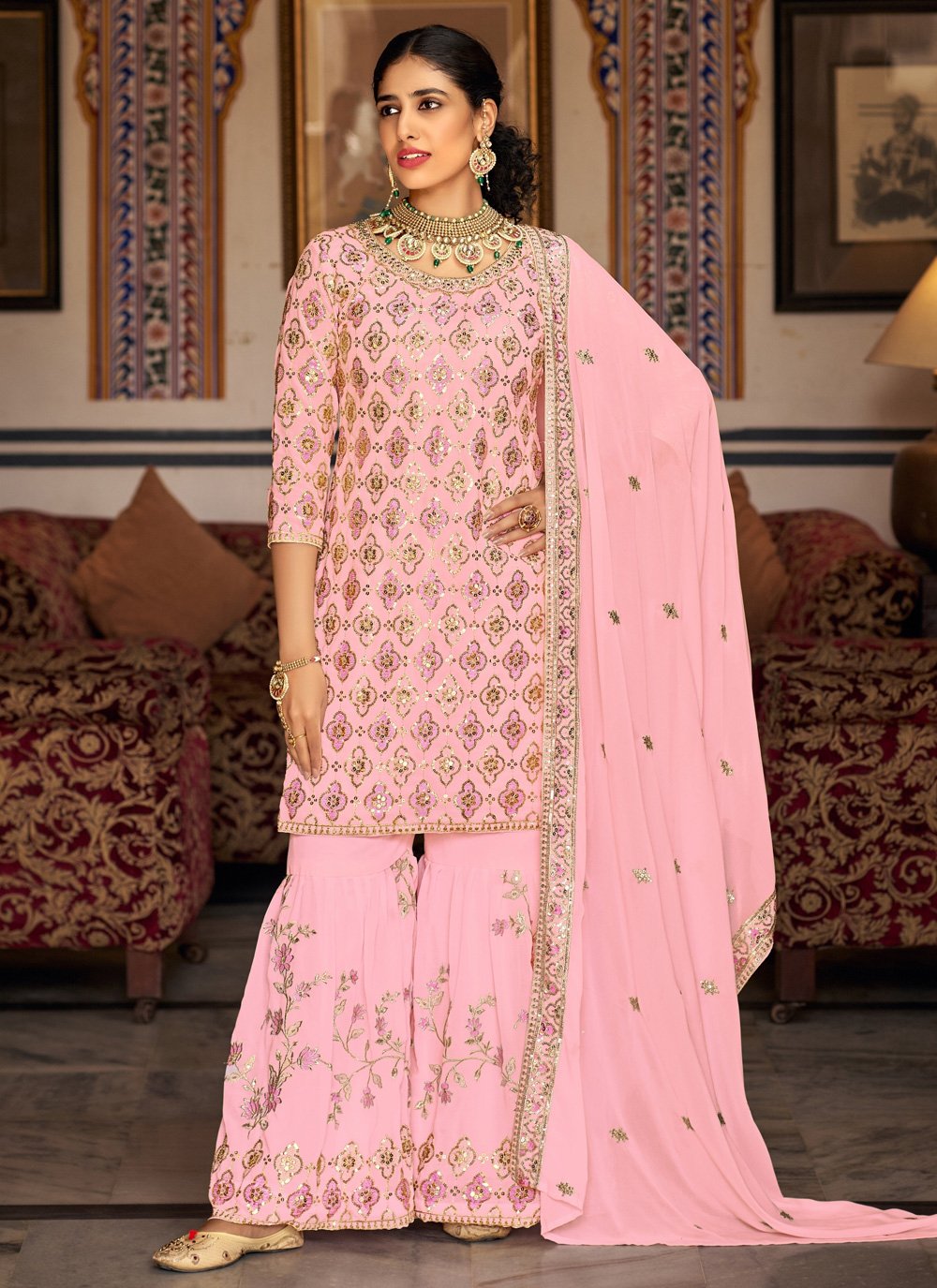 Sequins Faux Georgette Pink Salwar Suit buy online Salwar Kameez