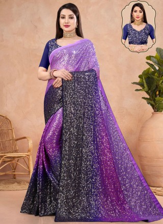 Sequins Georgette Contemporary Saree in Black and Purple