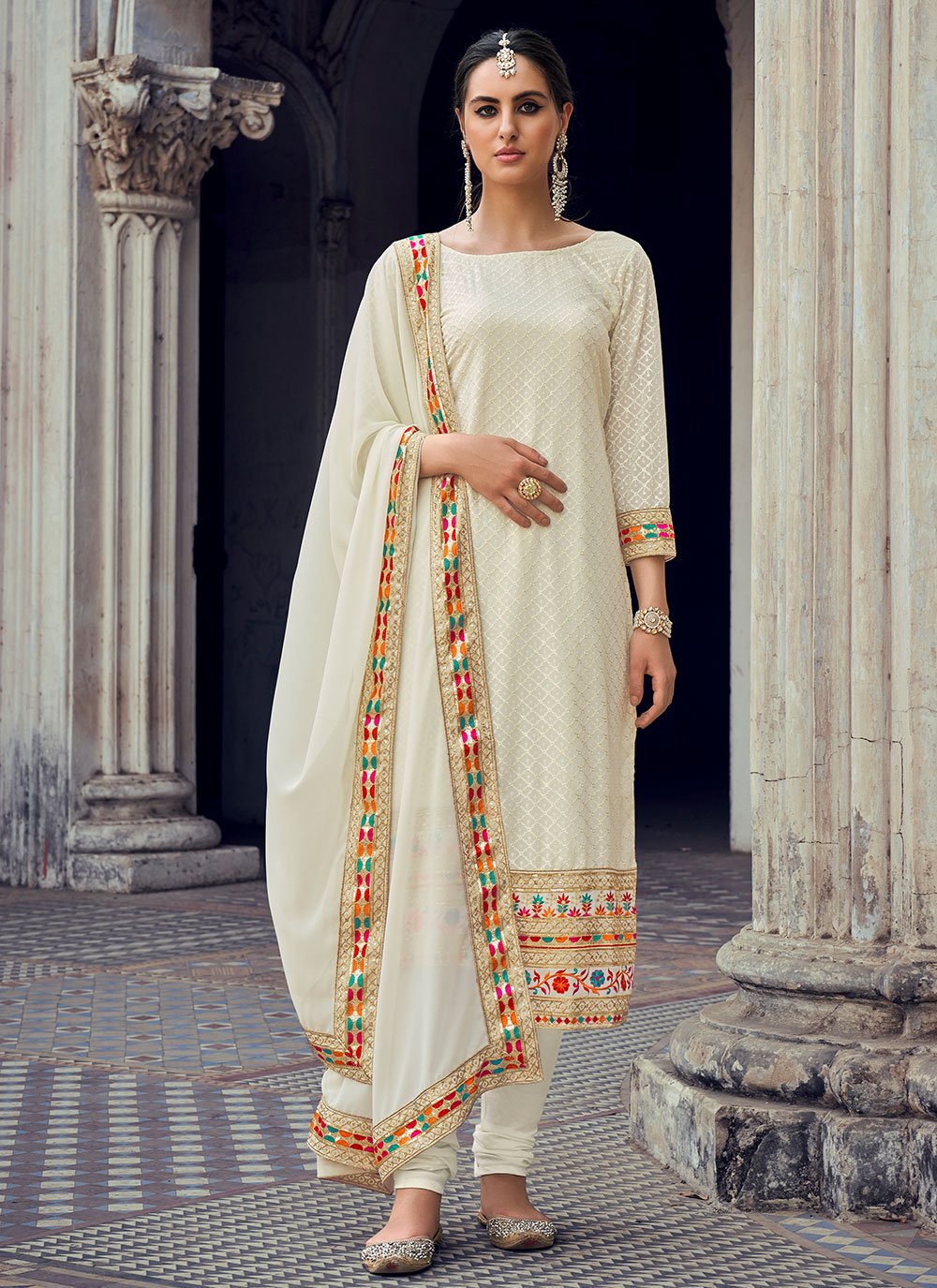 Sequins Georgette Straight Salwar Suit in Off White