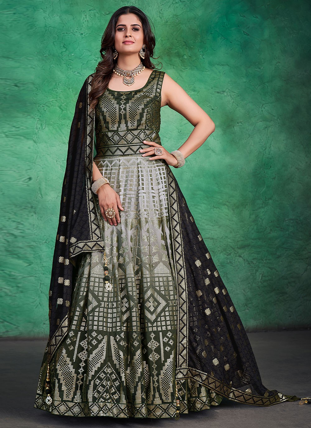 Sequins Georgette Trendy Gown in Green