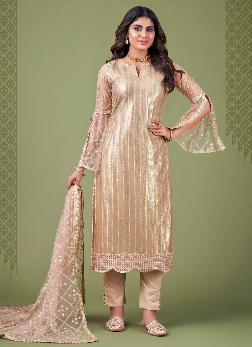 Good Creme zari work golden salwar kameez siz