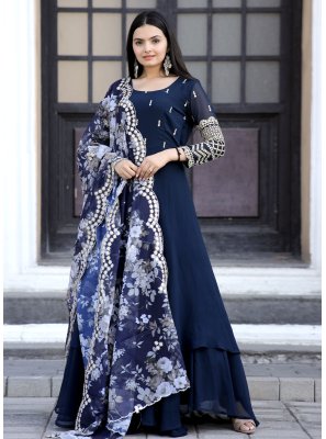 Sequins Organza Floor Length Gown in Navy Blue