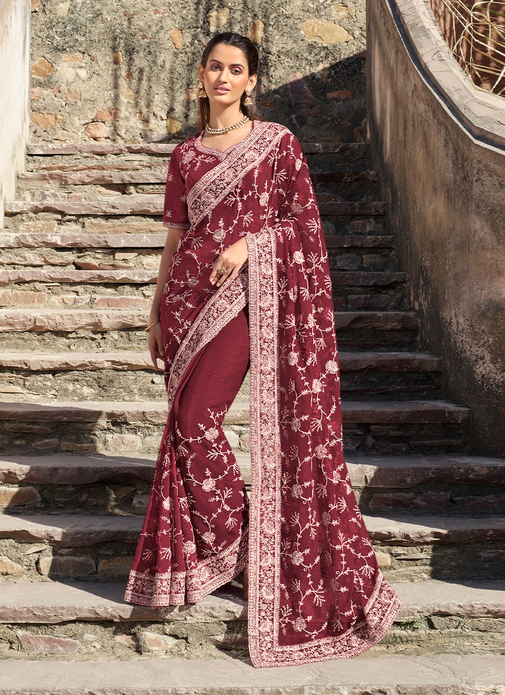 sequins shimmer maroon contemporary style saree 261459