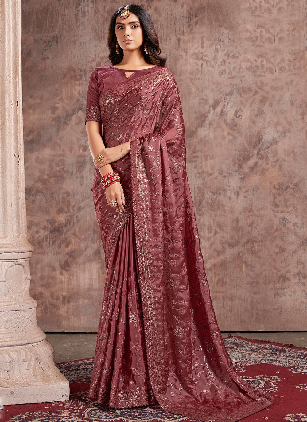 Buy Online Wine Color Georgette Saree in USA with Embroidered Border – Pure  Elegance