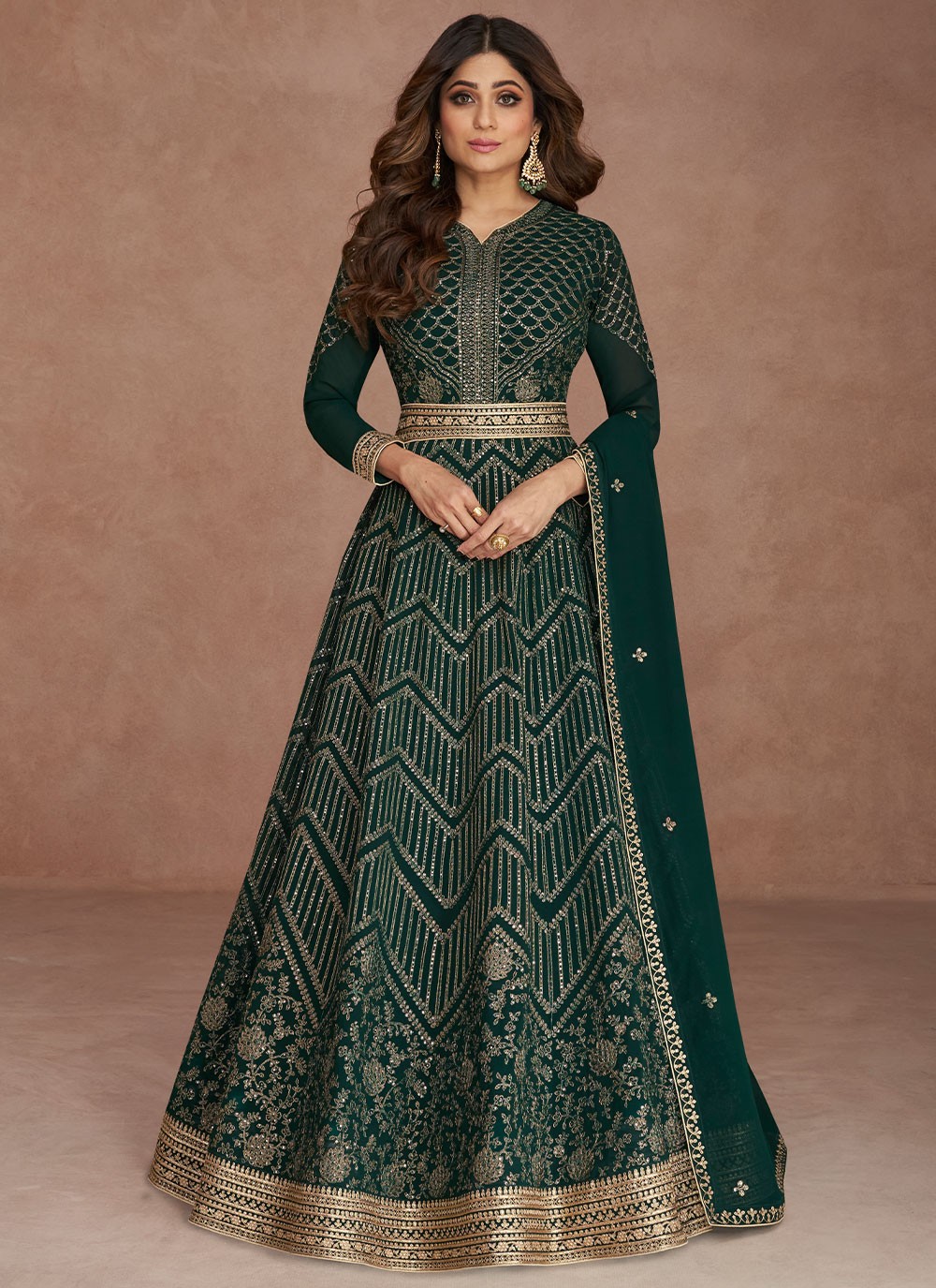 Shamita Shetty Embroidered Green Georgette Readymade Gown