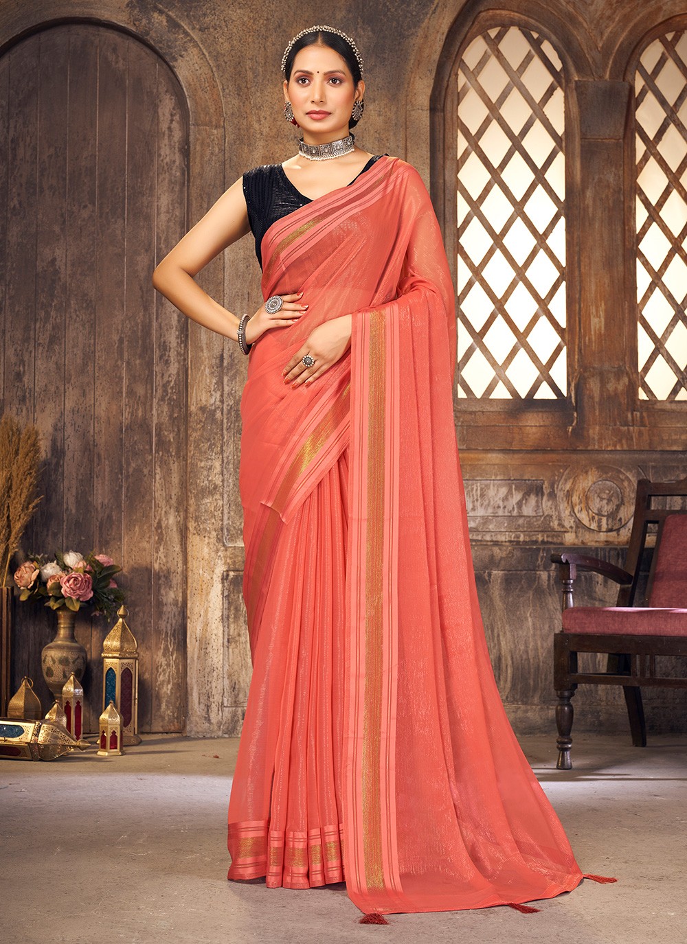 Shimmer Orange Woven Traditional Saree