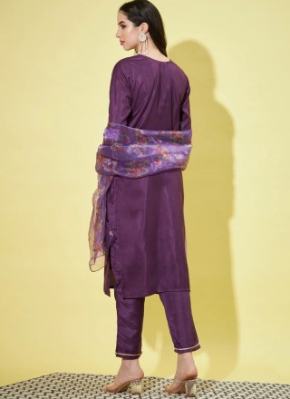 Silk Blend Embroidered Pant Style Suit in Purple