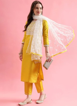 Silk Blend Yellow Embroidered Salwar Kameez