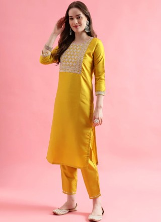 Silk Blend Yellow Embroidered Salwar Kameez