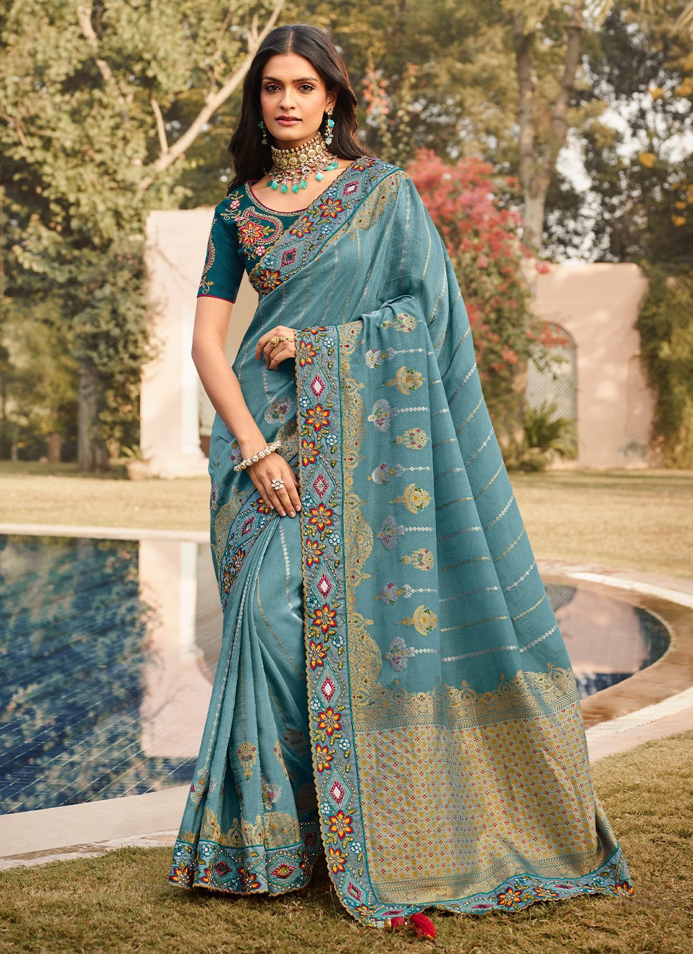 Buy Nargis Saree Pebble Blue Fiza Blouse in Aqua Blue by Designer PITA -  NILA Online at Ogaan.com