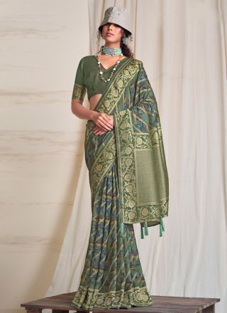 Green Silk Classic Sari with Digital Print Work for Ceremonial