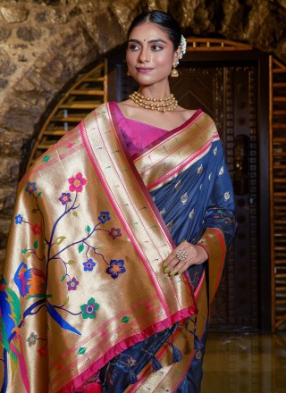 Silk Contemporary Style Saree in Navy Blue