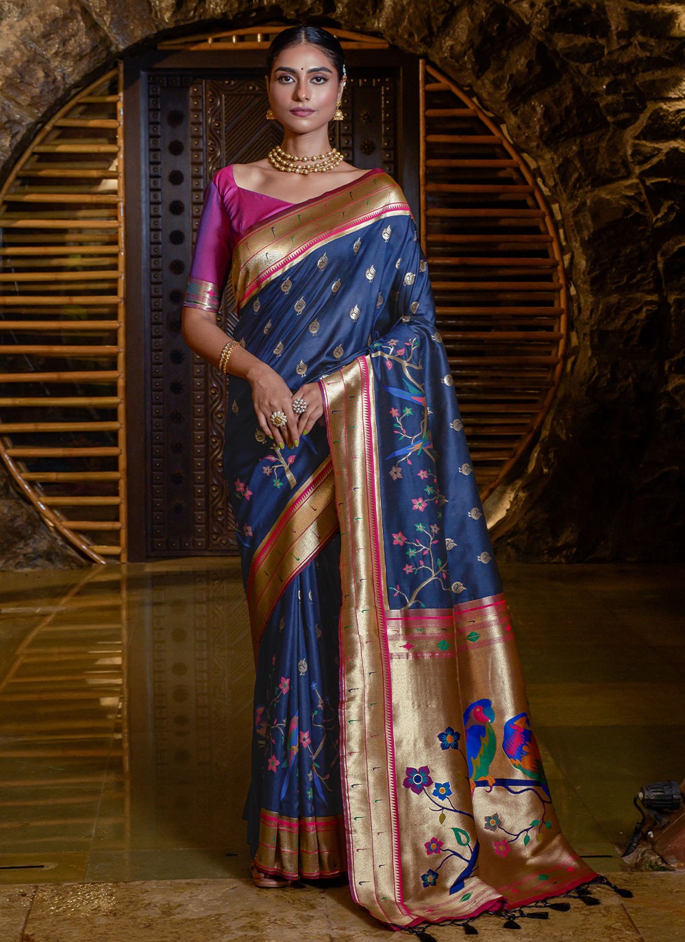 Navy Blue Colour Soft Weightless Georgette Saree With Beautiful PInk Colour  Flower &