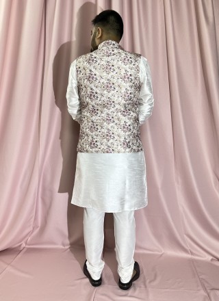 Silk Cream and White Embroidered Kurta Payjama With Jacket