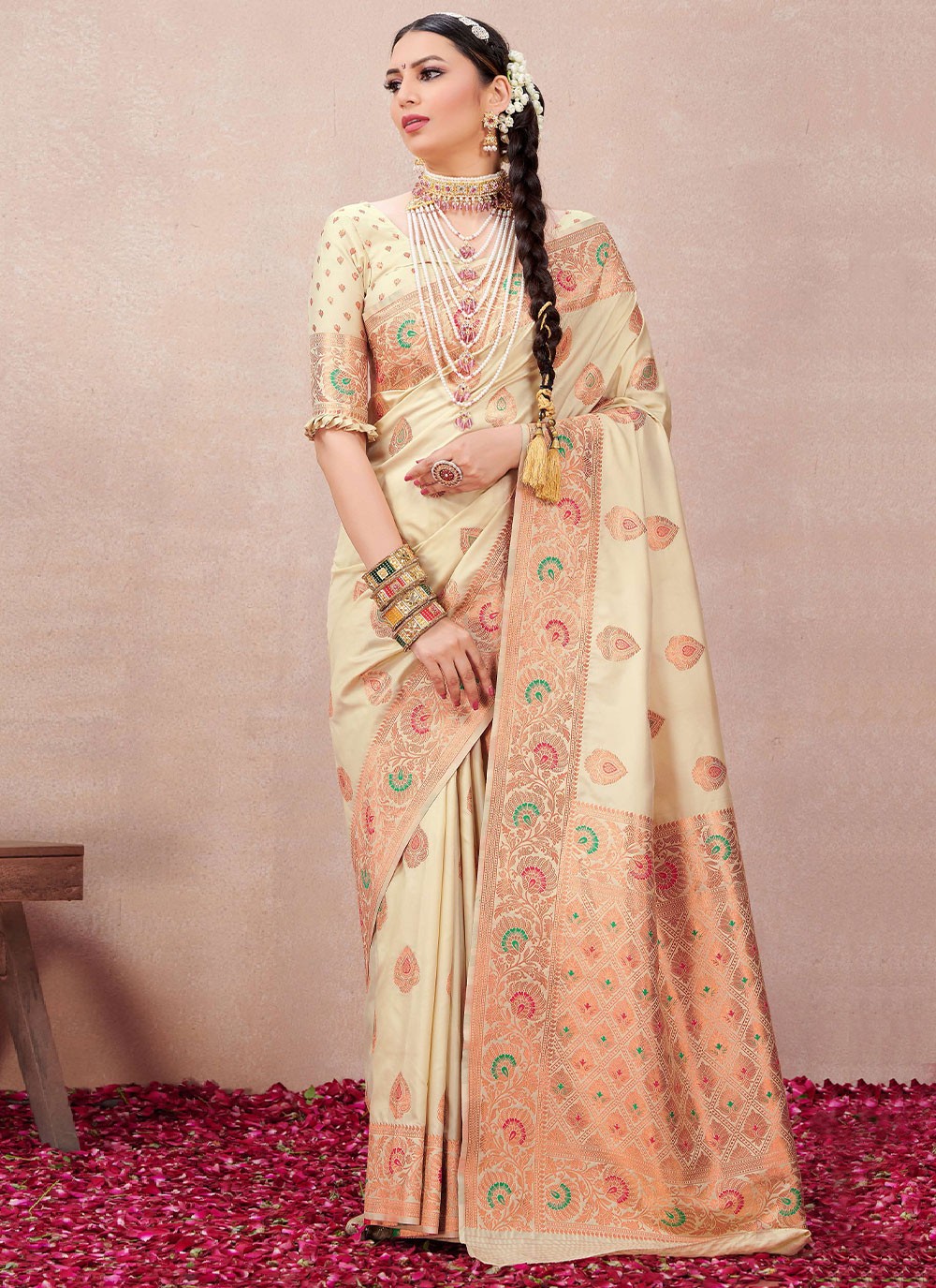 Shop Silk Cream Woven Contemporary Saree Online 254517