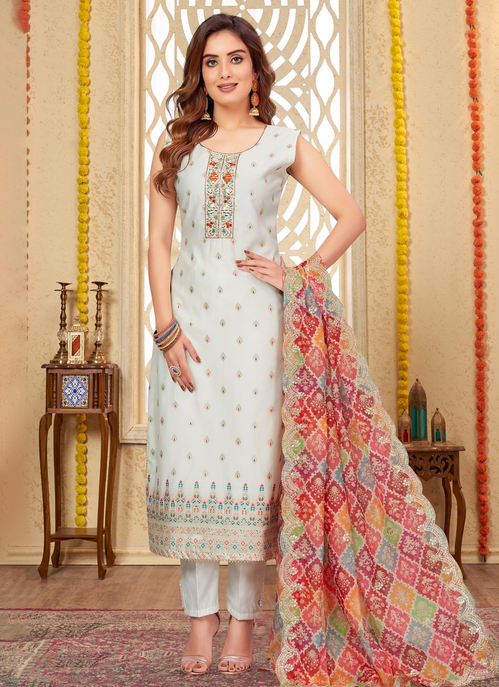 Pastel Green Designer Tissue Silk Festive Wear Salwar Kameez - R157-SPR1604A