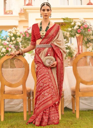 Patola Print Work Silk Designer Saree In Beige for Ceremonial
