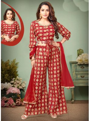 Silk Digital Print Readymade Suit in Red