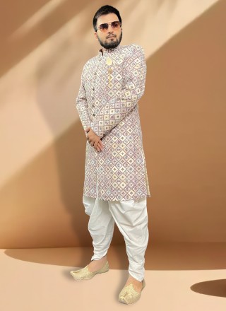 Silk Embroidered Beige and Purple Indo Western Sherwani