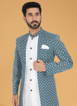 Silk Embroidered Green and White Indo Western