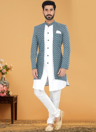 Silk Embroidered Green and White Indo Western