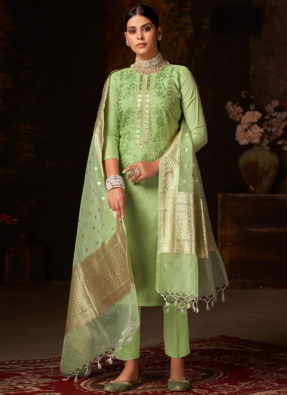 Silk Embroidered Green Pant Style Suit