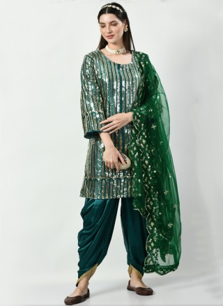 Silk Embroidered Green Patiala Salwar Kameez