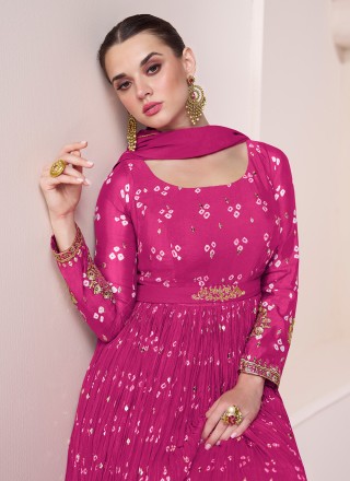 Silk Embroidered Hot Pink Floor Length Gown