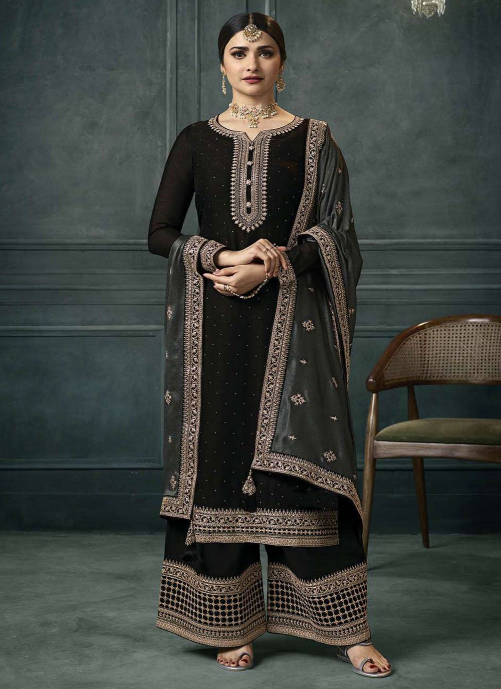 Silk Embroidered Pakistani Salwar Kameez in Black buy online