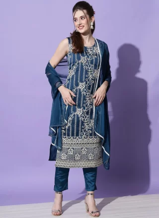 Silk Embroidered Teal Trendy Salwar Suit