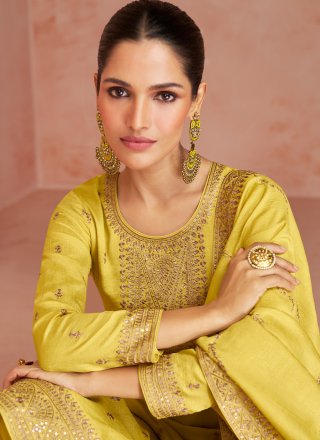 Silk Embroidered Trendy Salwar Suit in Yellow