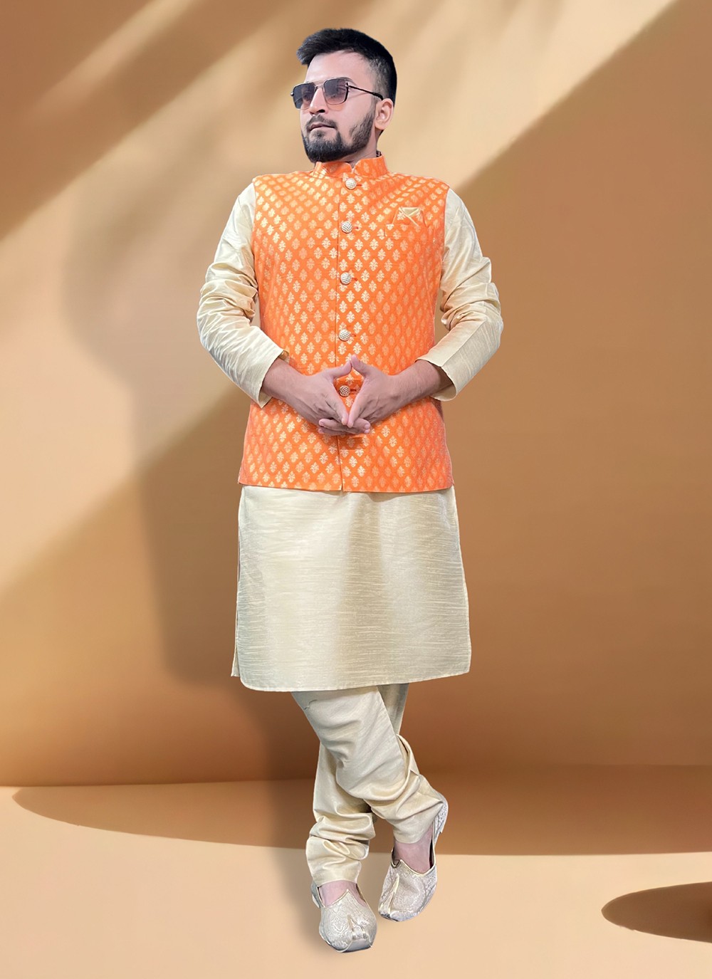 Buy Silk Fancy Kurta Payjama With Jacket in Gold and Orange Online