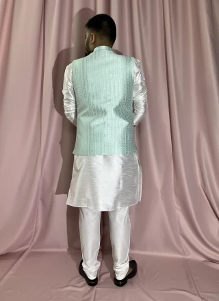 Silk Fancy Turquoise and White Kurta Payjama With Jacket