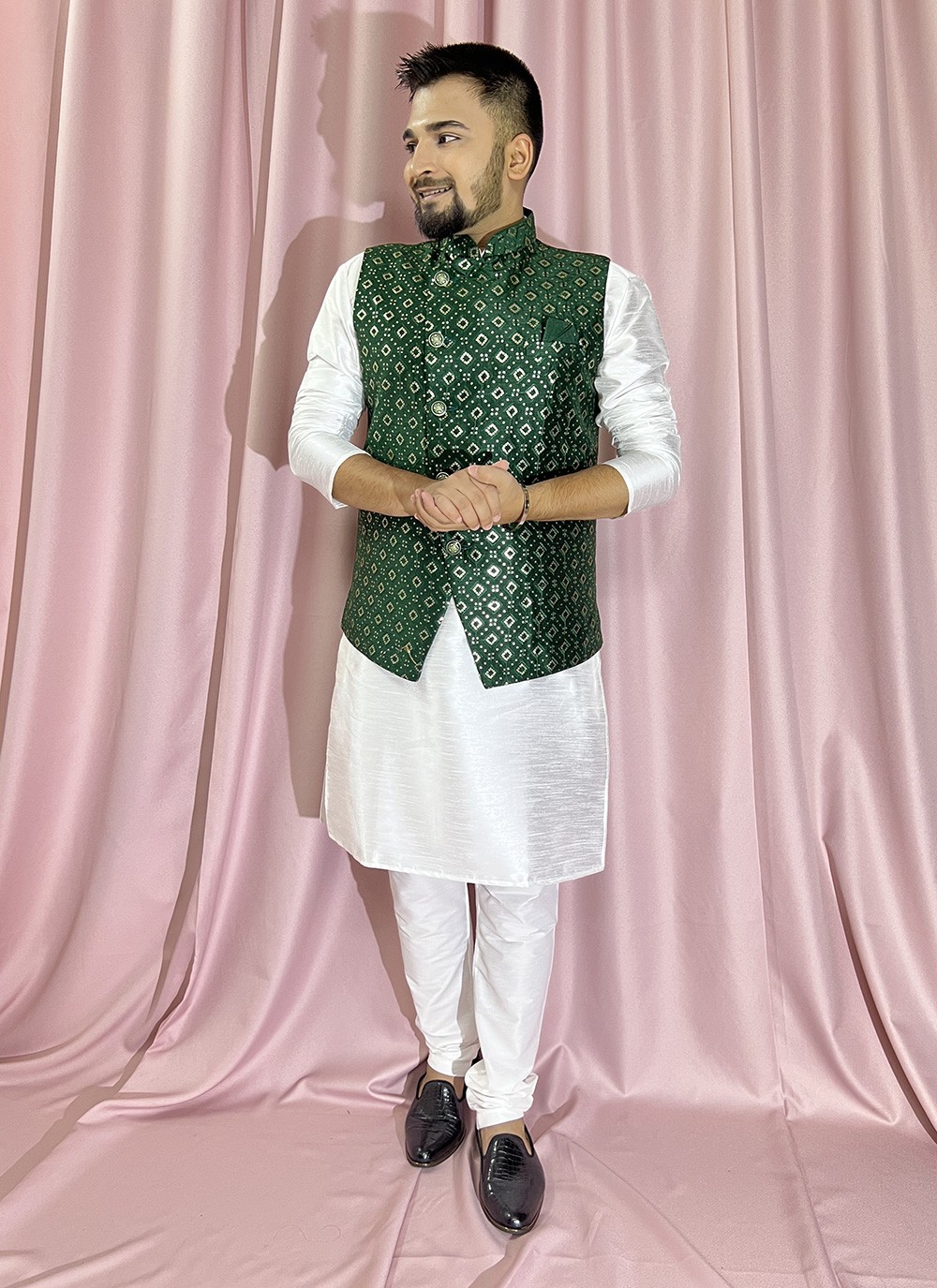 Silk Green and White Kurta Payjama With Jacket buy online