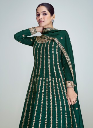 Silk Green Embroidered Pant Style Suit