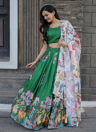 Silk Green Printed Trendy Lehenga Choli