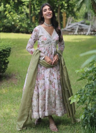 Silk Indian Gown with Digital Print and Embroidered Work