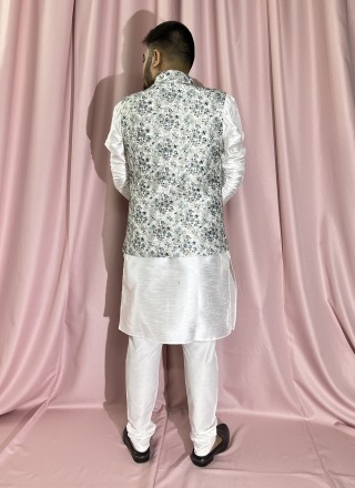 Silk Kurta Payjama With Jacket in Cream and White
