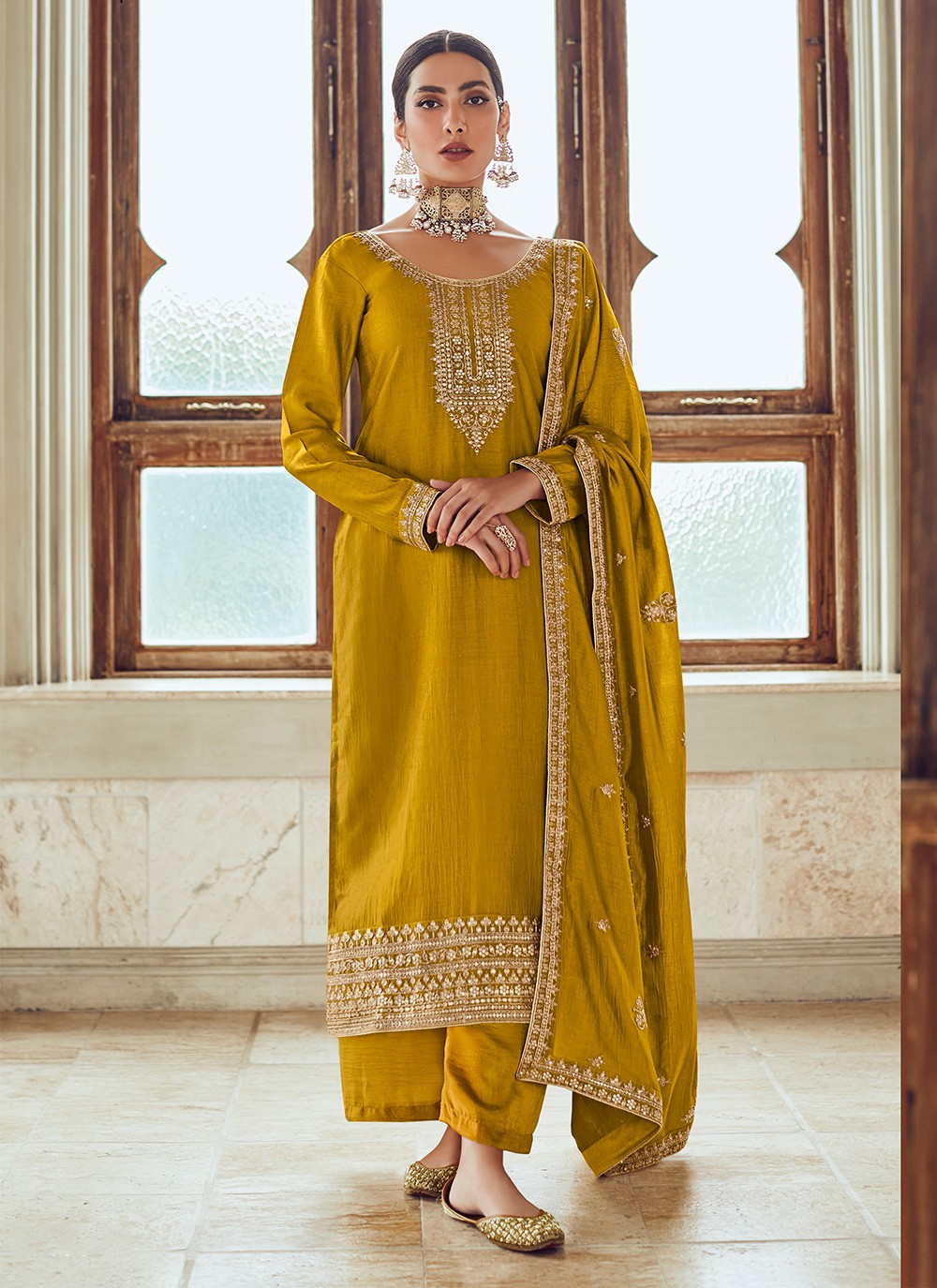 Yellow Punjabi Suit Neck Design With Laces Shop Online Silk Lace