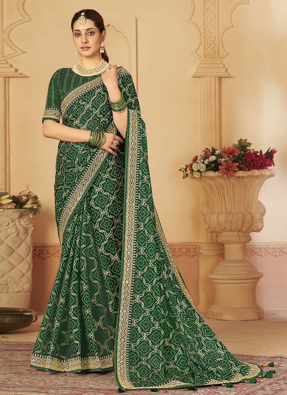 Silk Mirror Designer Saree in Green