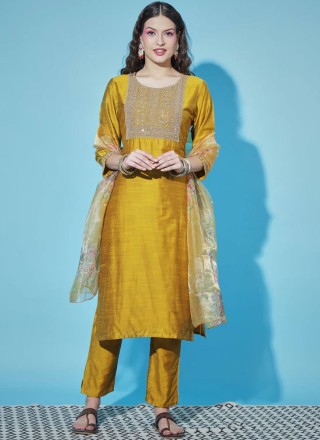 Silk Mustard Resham Trendy Salwar Kameez