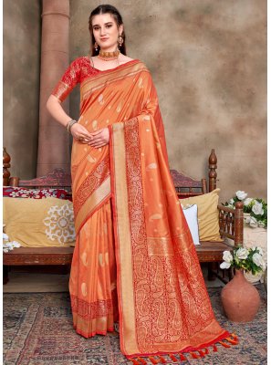Silk Orange Weaving Trendy Saree