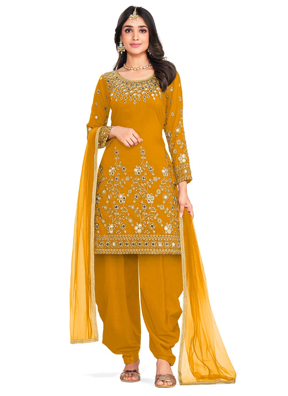 Silk Patiala Salwar Suit in Mustard